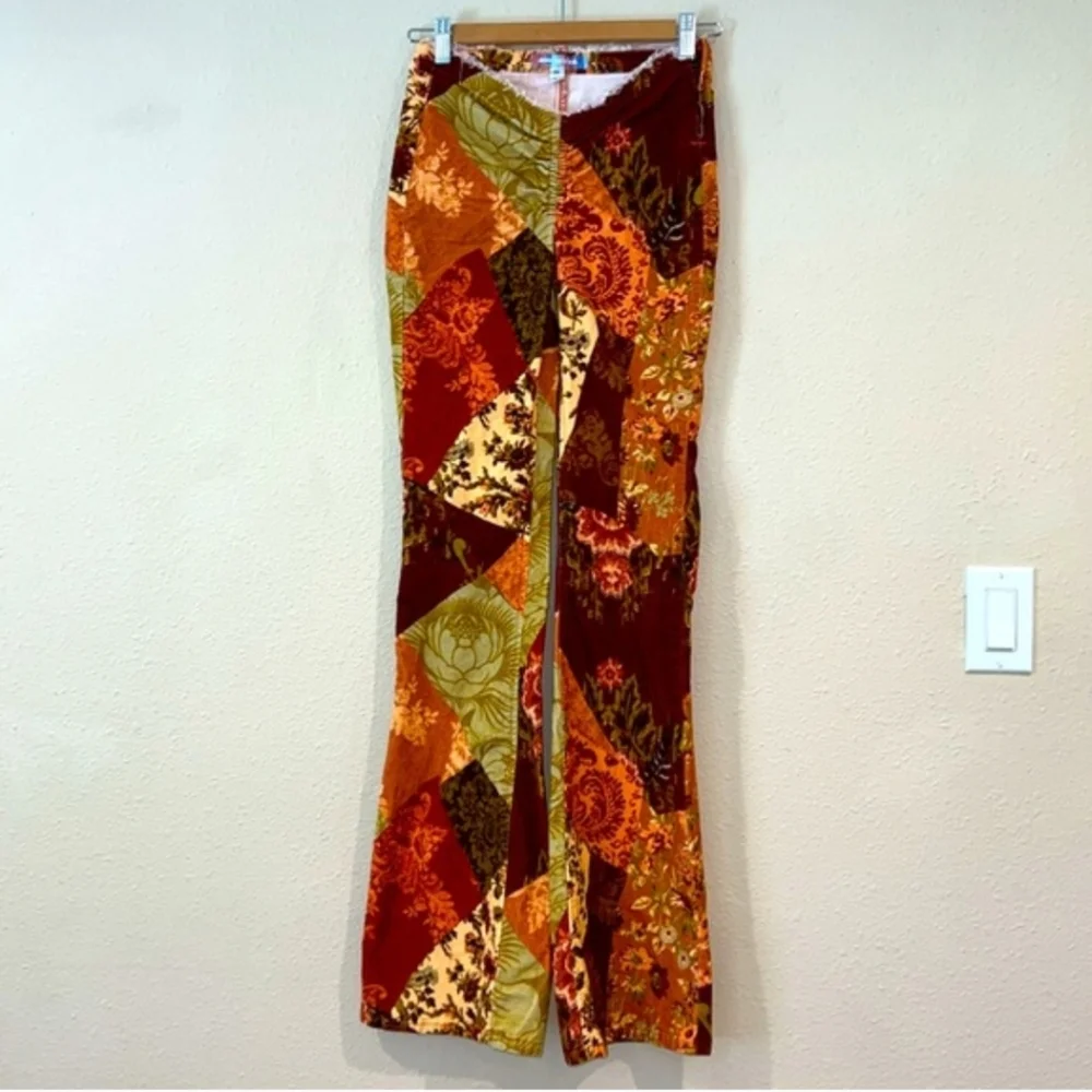 Velvet Floral Patchwork 60s 70s Vintage Aesthetic Bell Bottom Flare Pants Boho